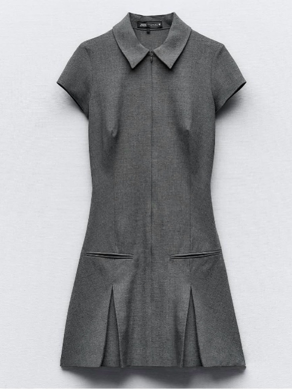 Zara Gray Tailored Short-Sleeve Pleated Mini Dress